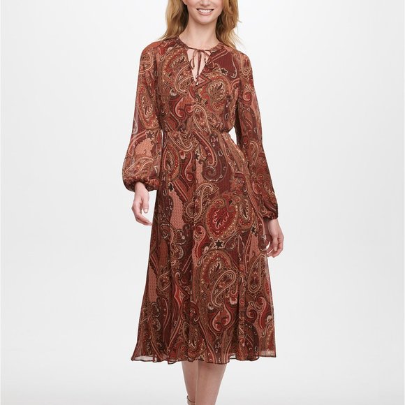 Tommy Hilfiger Balloon Sleeve Paisley Midi Dress - Picture 2 of 8